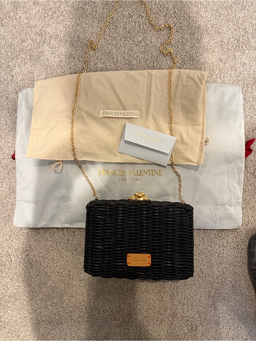 Frances Valentine Black Wicker Chain Crossbody Box Bag with Gold Hardware